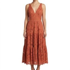 Dress the Population Burnt Orange Gold Lace Tiered V-Neck Midi Dress size S